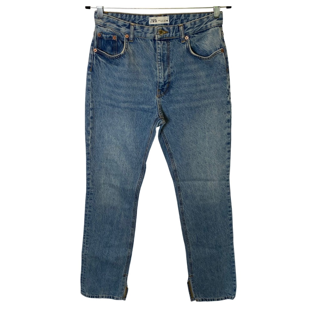 Zara Straight Leg Jeans Womens Size 6 Blue High Rise Split Hem Cotton Casual